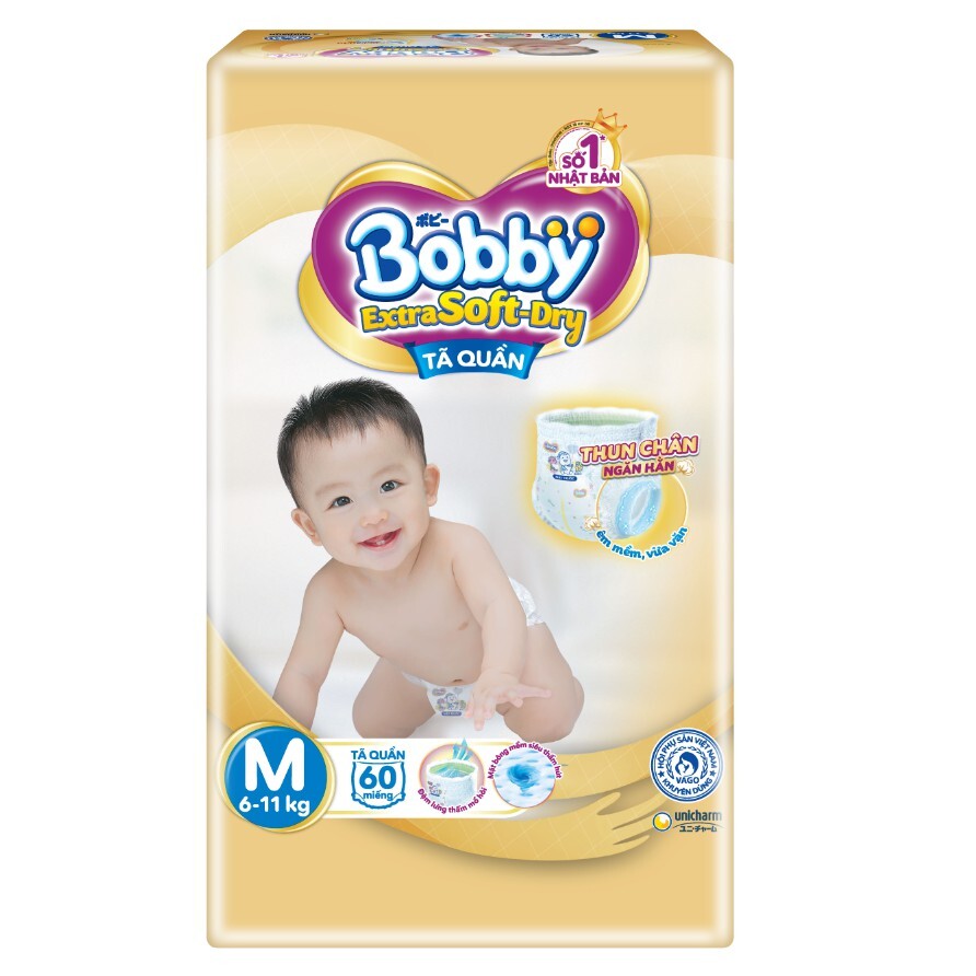 Tã/Bỉm Quần Bobby Extra Soft Dry Super Jumbo M60 - Thun Chân Ngăn Hằn (6 - 11 kg)