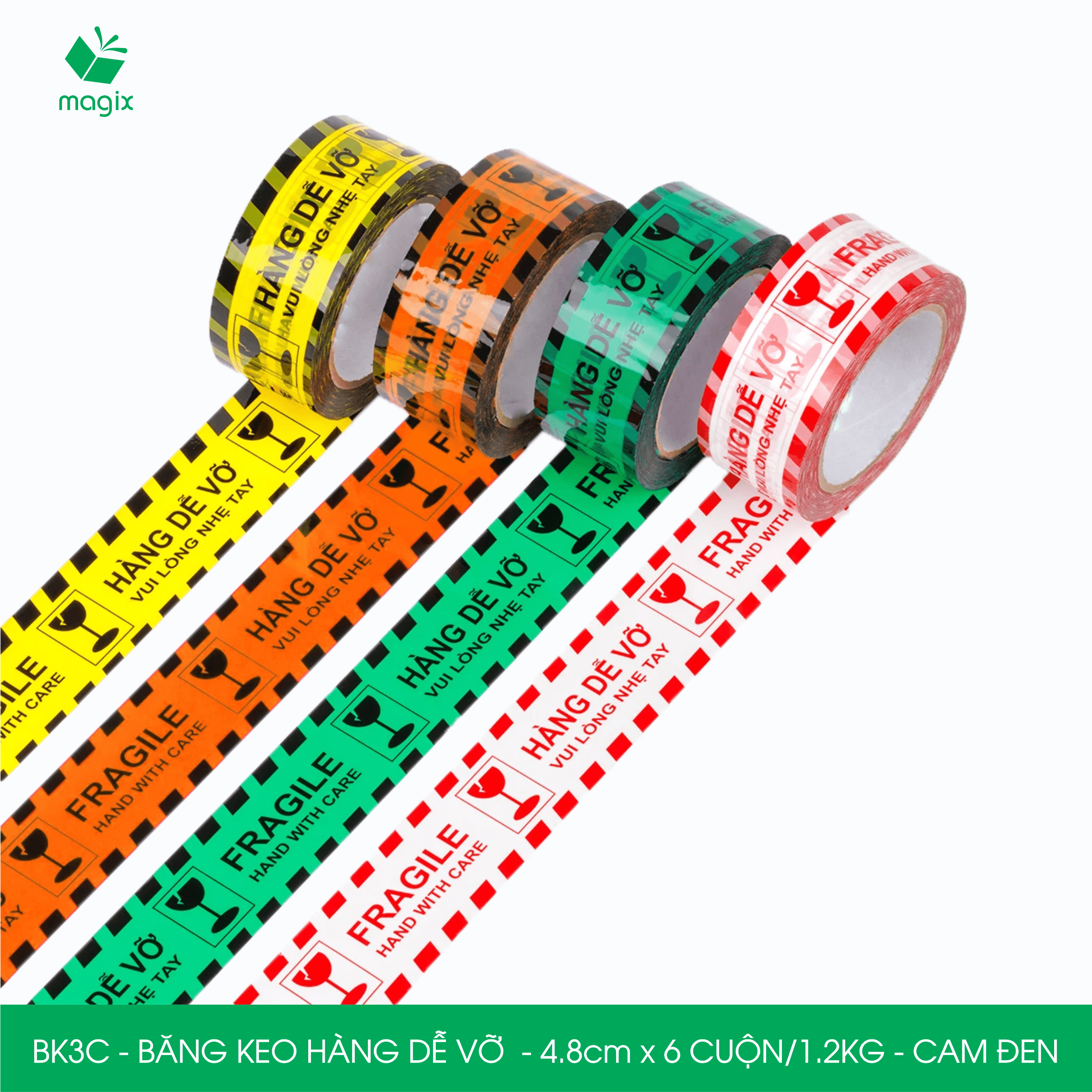 BK3C - Băng keo HÀNG DỄ VỠ màu cam đen khổ 4.8 cm - Băng dính niêm phong - 12 cuộn