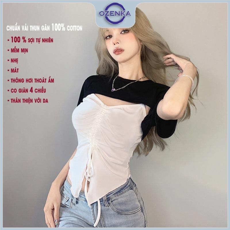 Set áo croptop cộc tay áo 2 dây rút dây sẻ giữa gợi cảm OZENKA , áo crt kiểu ôm body mix màu đen trắng size dưới 52 kg