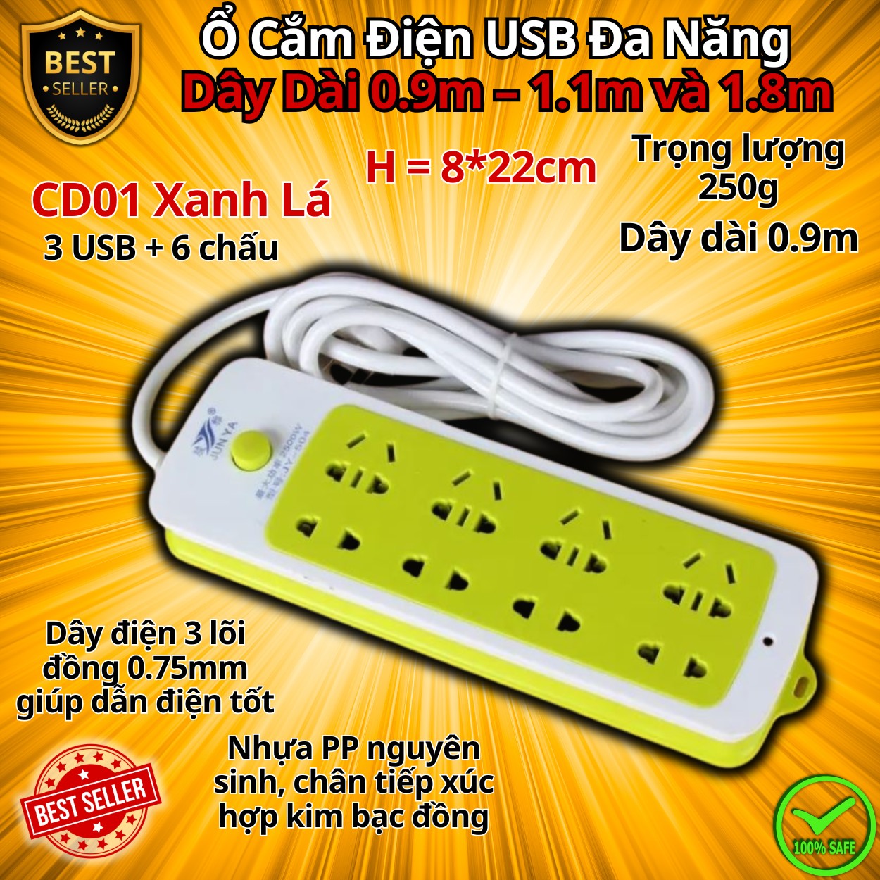 Ổ Cắm Điện USB Đa Năng Cao Cấp Chống Giật Dây Dài 0.9m – 1.1m và 1.8m, Ổ Cắm Điện Công Suất 2500W Có Chốt An Toàn Tiện Lợi, Chính Hãng