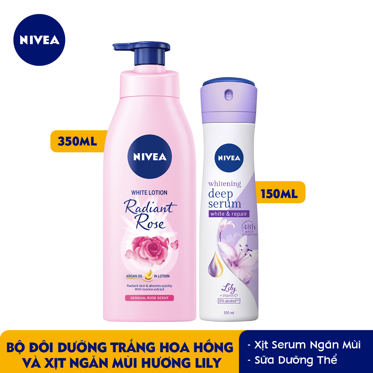 Bộ đôi Sữa Dưỡng Thể Dưỡng Trắng NIVEA Hương Hoa Hồng Radiant Rose (350ml) - 85707 &amp; Xịt Ngăn Mùi Nivea Serum Trắng Mịn Hương Hoa Lily (150ml) 85312