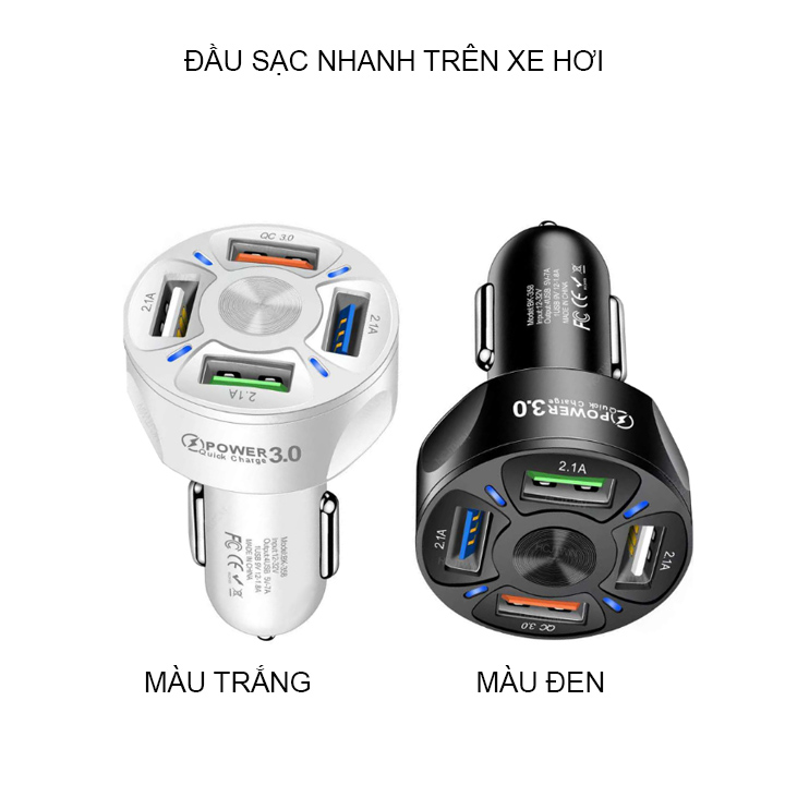 Đầu sạc nhanh xe ô tô QC3.0-BK358 có 04 cổng USB, điện áp vào 12-24V