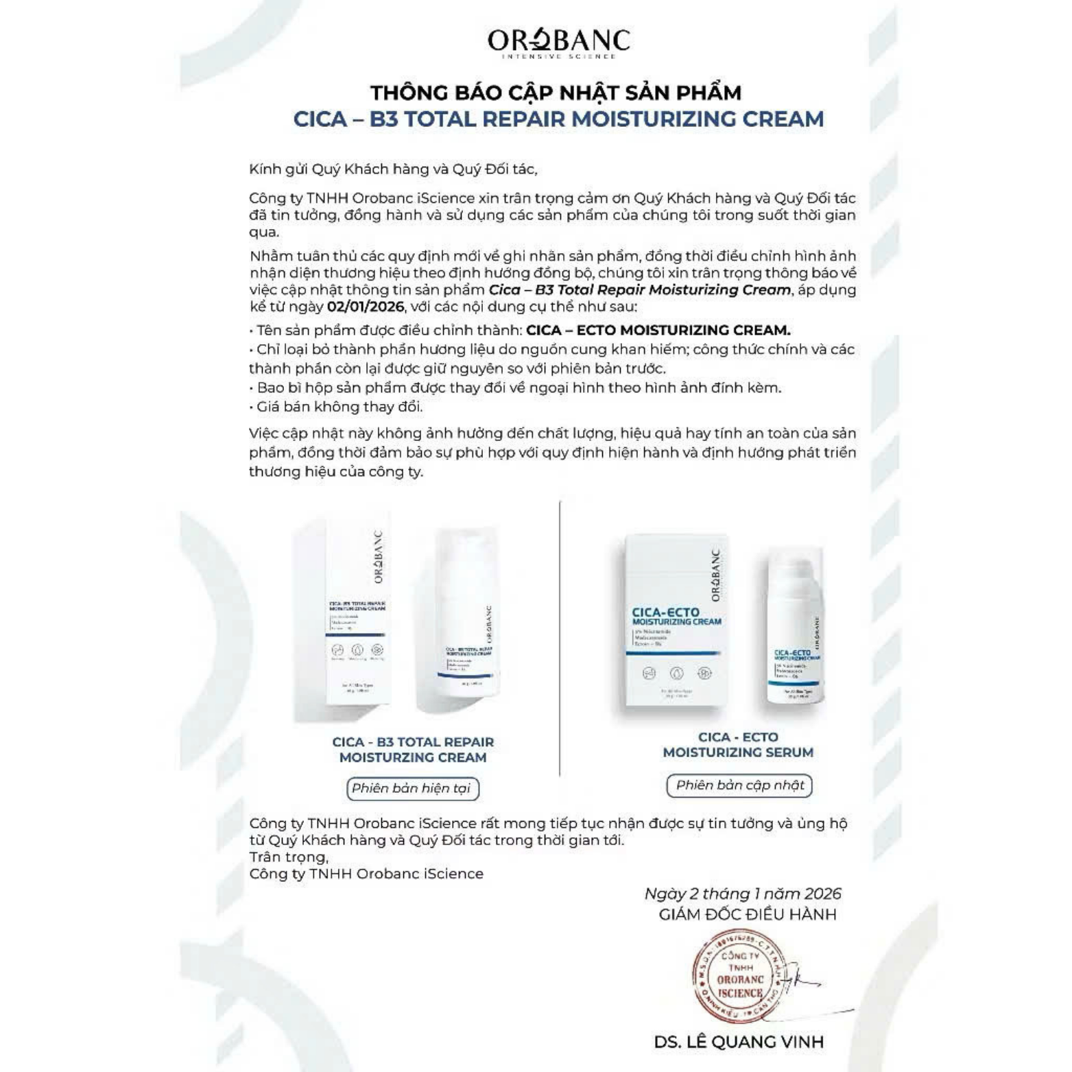 Kem dưỡng ẩm phục hồi Orobanc Cica - Ecto moisturizing cream 30g cho mọi loại da
