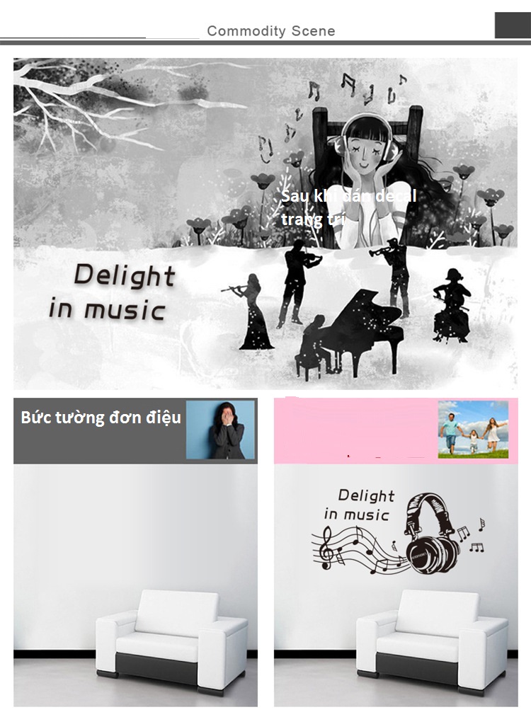 Decal dán tường âm nhạc Delight in music trang trí phòng sang trọng