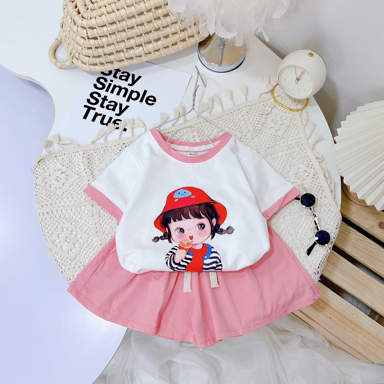 Bộ cộc in hình bé gái, bộ cotton 4 chiều mùa hè cho bé đi học, đi chơi