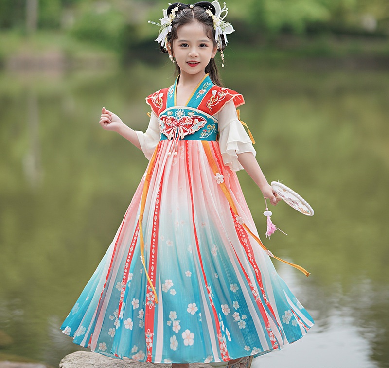 Đầm váy công chúa cổ trang hanfu thêu hoa cho bé gái diện lễ tết trung thu đẹp size 100-160kg hàng Quảng Châu
