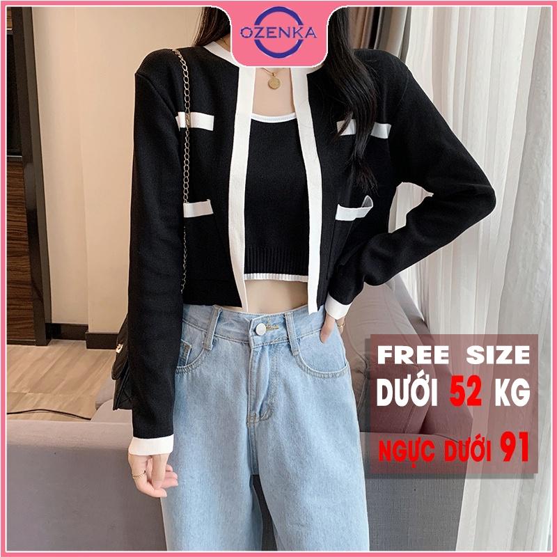 Hình ảnh Áo khoác cardigan len croptop tay dài nữ có túi OZENKA chất len gân cotton 100% cao cấp đẹp màu đen trắng