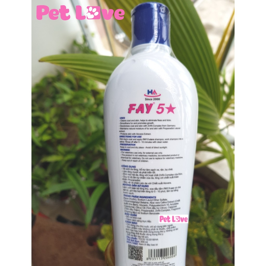 Sữa tắm trị ve rận, bọ chét, khử mùi, mượt lông (Fay 5 sao, 200ml)