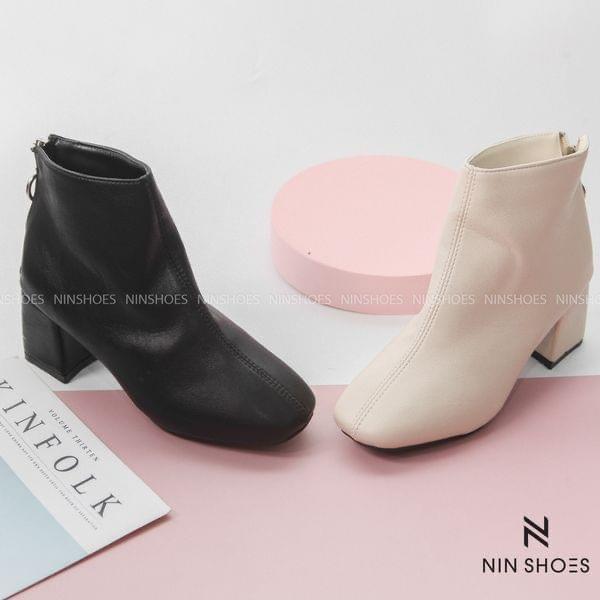 Giày bốt nữ - Boot da mịn gót vuông kéo khóa 5 phân dáng basic Ninshoes