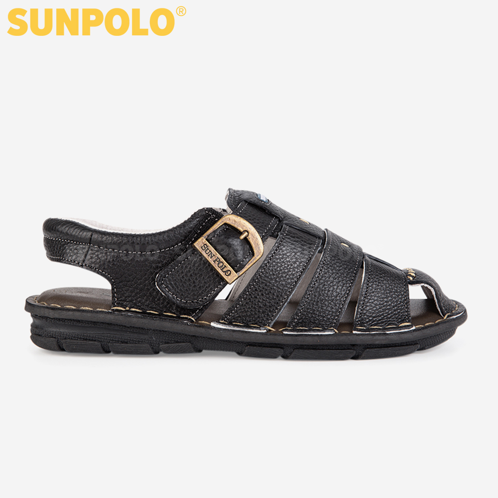 Sandal Bít Mũi Nam Da Bò Cao Cấp SUNPOLO SDA008 Thanh lịch (Đen)