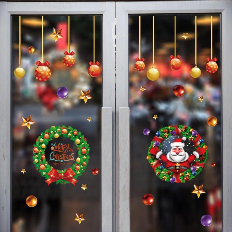 Decal dán tường , dán kính vòng nguyệt quế Noel + dây thả ấn tượng nhũ vàng