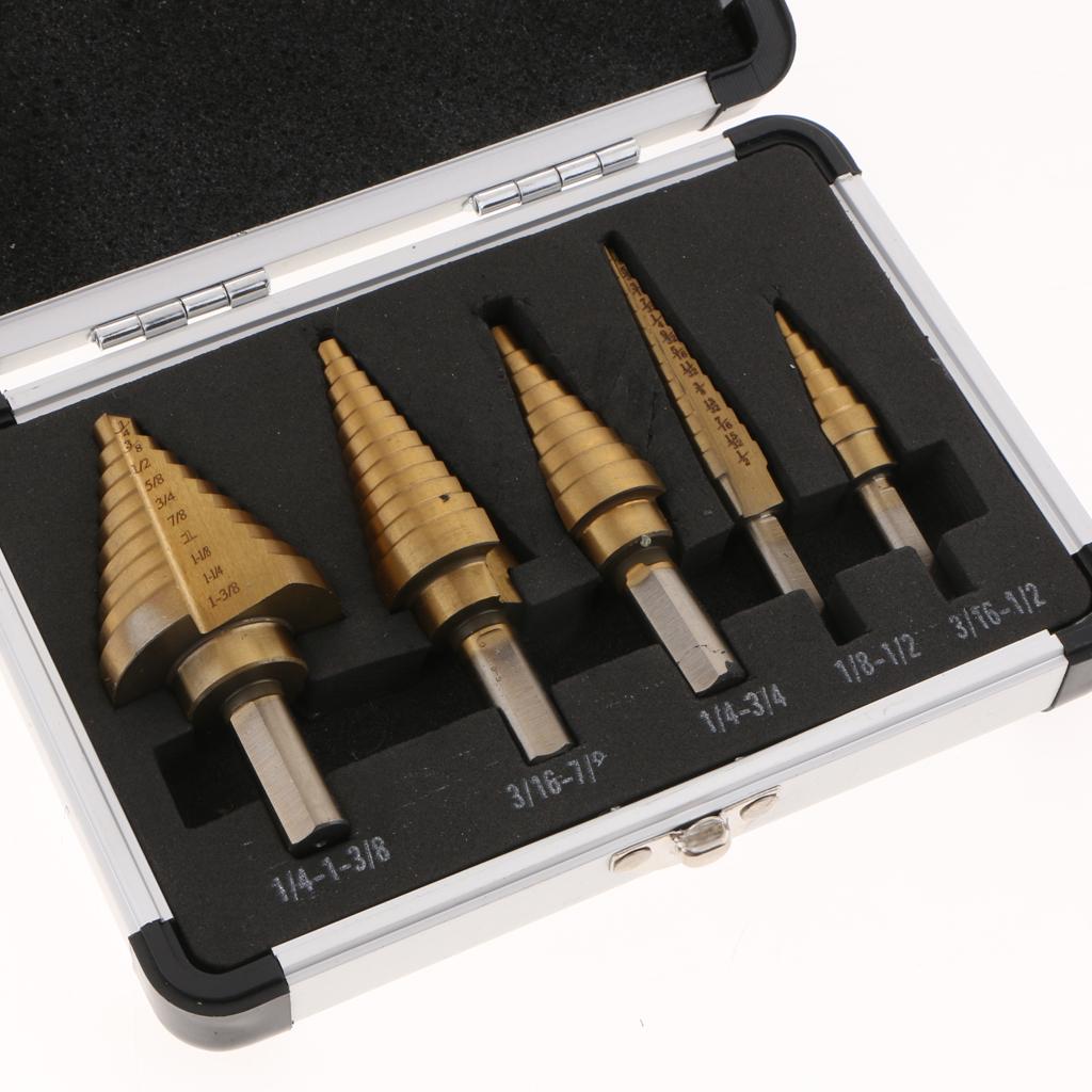 5 Chiếc Lớn Bước Mũi Khoan Nón Titanium HSS Bộ Dụng Cụ Có Hộp