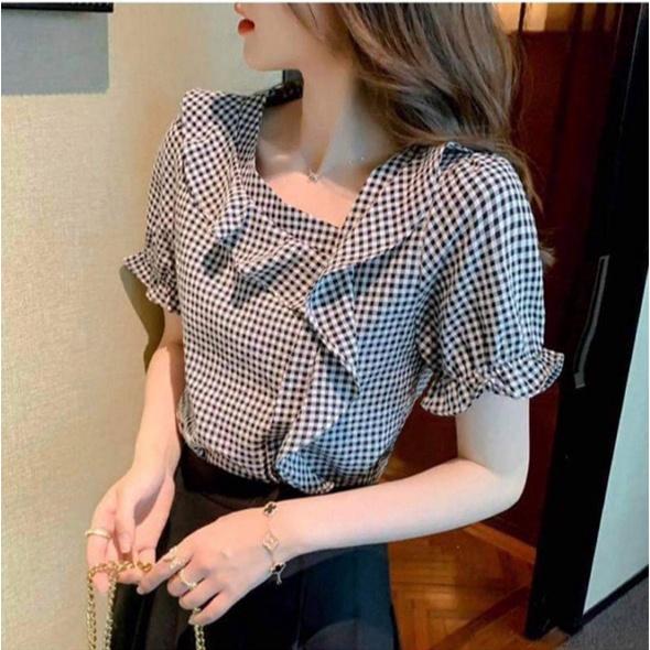 Áo Kiểu Cổ Xéo Phối Bèo Tay Phồng Chất Liệu Kate Xốp