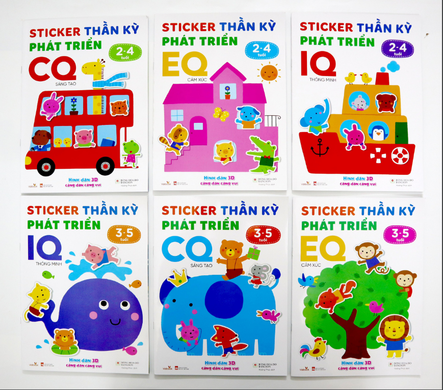 Bộ sách  “STICKER THẦN KỲ PHÁT TRIỂN IQ -  EQ – CQ. Trọn bộ 6 cuốn. Dành cho trẻ từ 2-5 tuổi. Tặng tranh cát cho bé