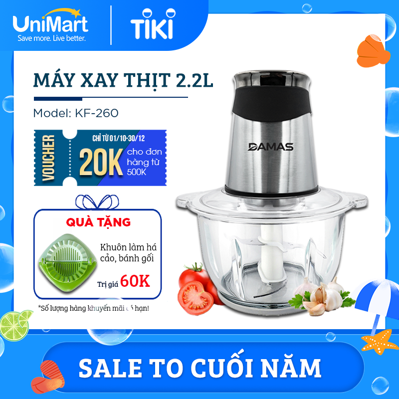 Máy Xay Thịt Đa Năng 2 Lưỡi Dao Xay Damas KF260 - Thiết Kế Cối Thủy Tinh Chịu Lực Cao Cấp - Động Cơ Đồng Nguyên Chất Giúp Máy Hoạt Động Bền Bỉ - Dung Tích Lớn 2,2 Lít - Hàng Nhập Khẩu