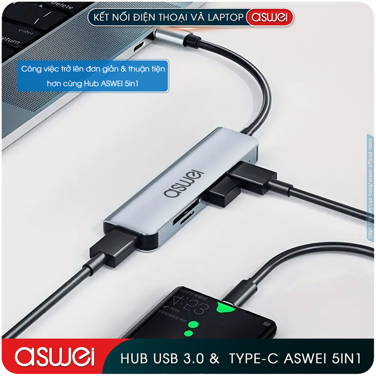 Hub Chuyển Đổi USB Type C ASWEI 5 in 1 To USB 3.0, SD, TF - Hàng Chính Hãng