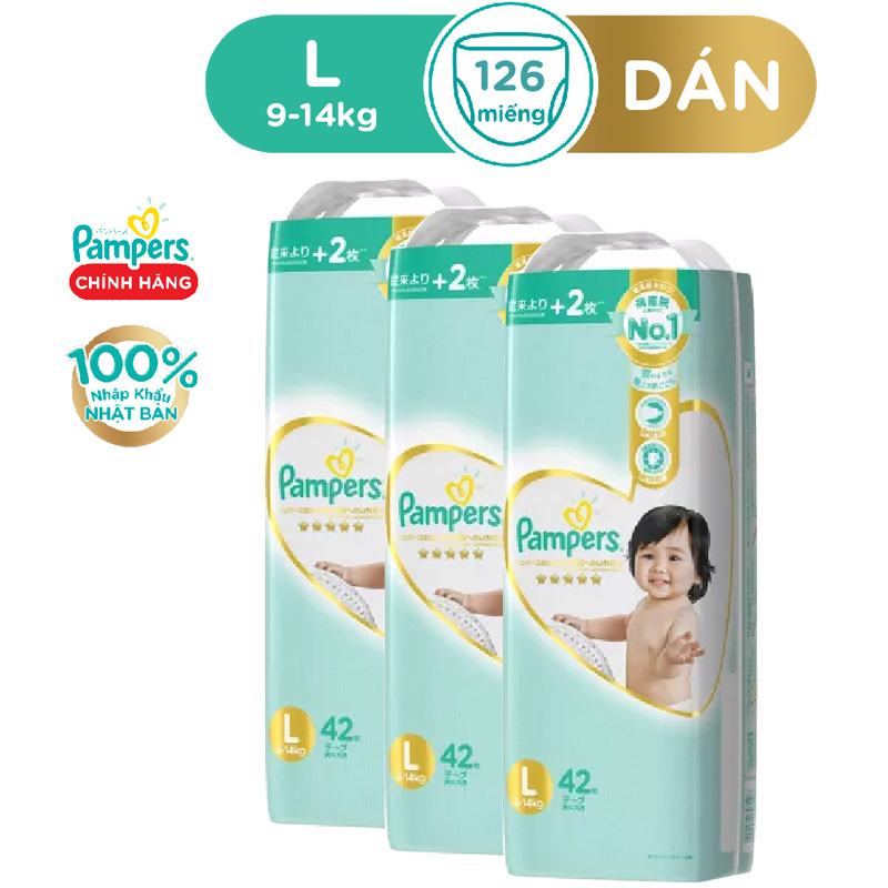 Thùng 3 Gói Tã/ Bỉm Dán PAMPERS Nhật Thượng Hạng, Size L (126 miếng, 9-14kg), Siêu Mềm Mịn &amp; Thoáng Khí