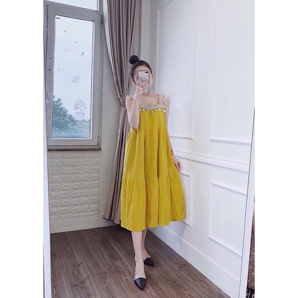 Đầm bầu thời trang thiết kế 2 dây thổ cẩm dáng dài phong cách Hàn Quốc rẻ đẹp - Váy bầu đẹp giá rẻ