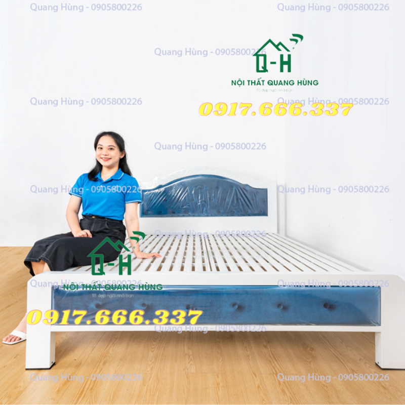 Giường sắt hộp vuông cao cấp có nệm bọc màu xanh dương