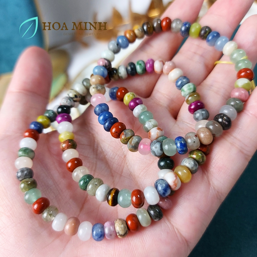 Vòng tay phong thủy kiểu bánh xe hạt 6.4 li ngũ hành đủ loại đá Lapis Lazuli thanh kim, Chalcedony, Thạch anh, Ngọc jasper không kén mệnh