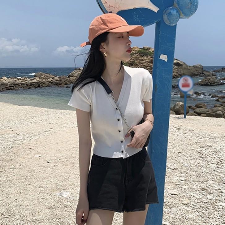 Áo Dệt Kim Ngắn Tay Cổ Chữ V Thời Trang Mùa Hè Hàn Quốc
