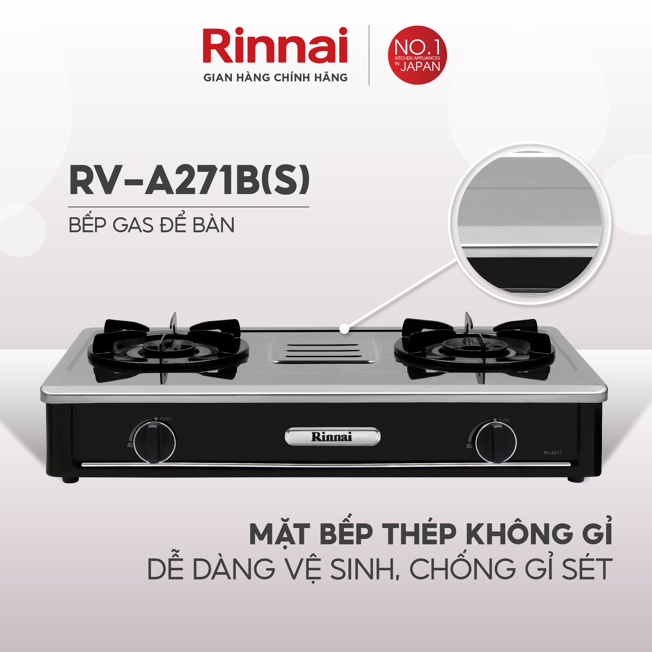 Bếp gas dương Rinnai RV-A271B(S) mặt bếp inox và kiềng bếp men - Hàng chính hãng.