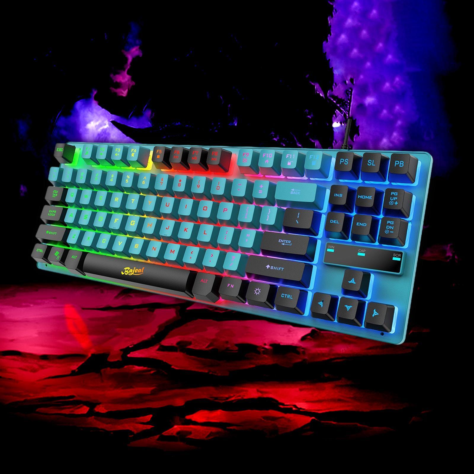 USB Gaming Keyboards 87 Keys Rainbow LED 3 Colors Backlit for PC Blue Black