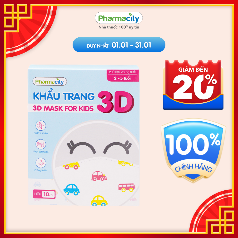 Khẩu trang y tế 3D Pharmacity ngăn bụi mịn và vi khuẩn cho trẻ 2-5 tuổi (Hộp 10 cái)