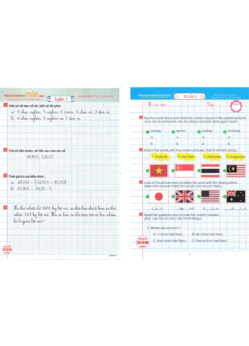 Combo Phiếu Bài Tập Cuối Tuần Môn Toán + Tiếng Anh Lớp 4 (Dùng Chung Cho Các Bộ SGK Hiện Hành) _HA