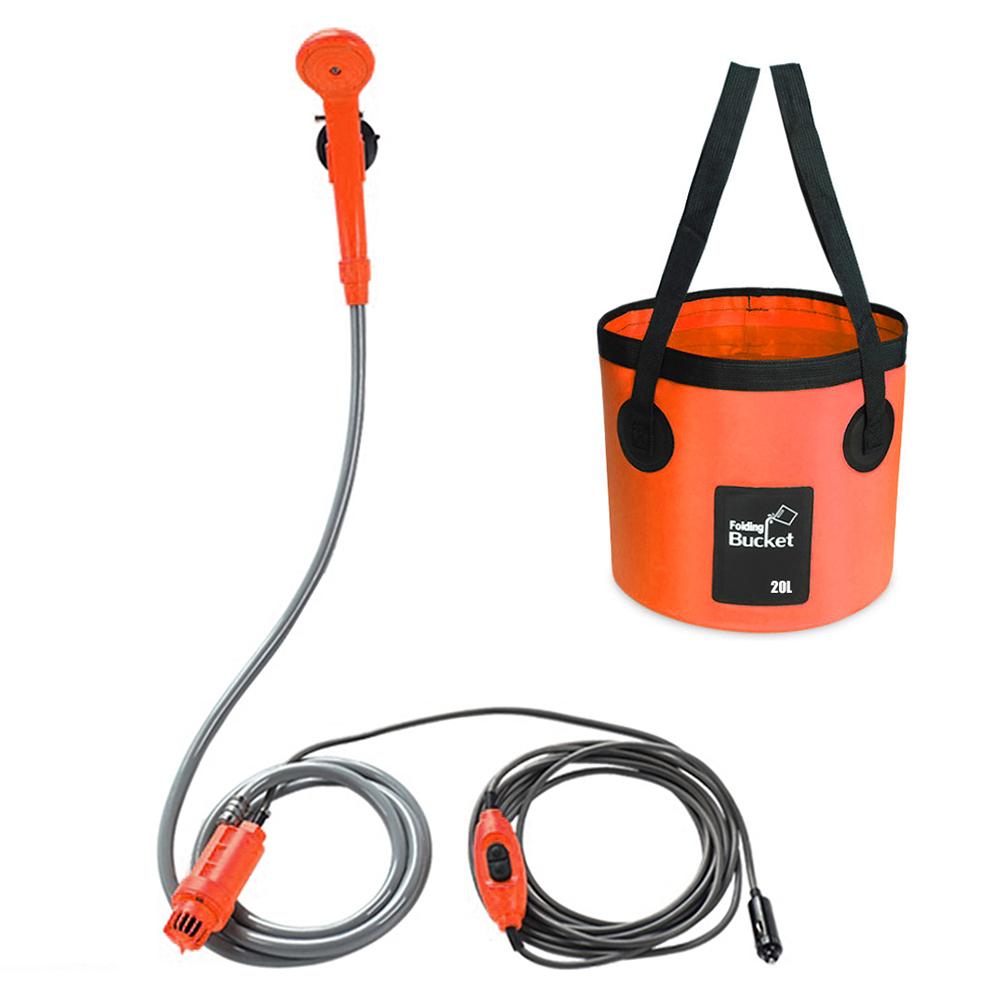 Vòi sen cắm trại bằng điện 12V với xô nước gấp gọn nhỏ gon tiện lợi dùng rửa xe tưới cây cắm trại