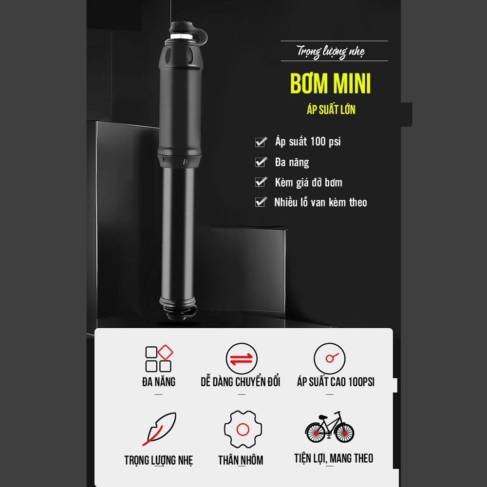 Bơm Xe Đạp Mini 100Psi Kèm Khung Gắn Sườn Xe Nhiều Đầu Bơm Tiện Lợi, Lõi Khung Nhôm Kim Loại Trọng Lượng Nhẹ MaiLee