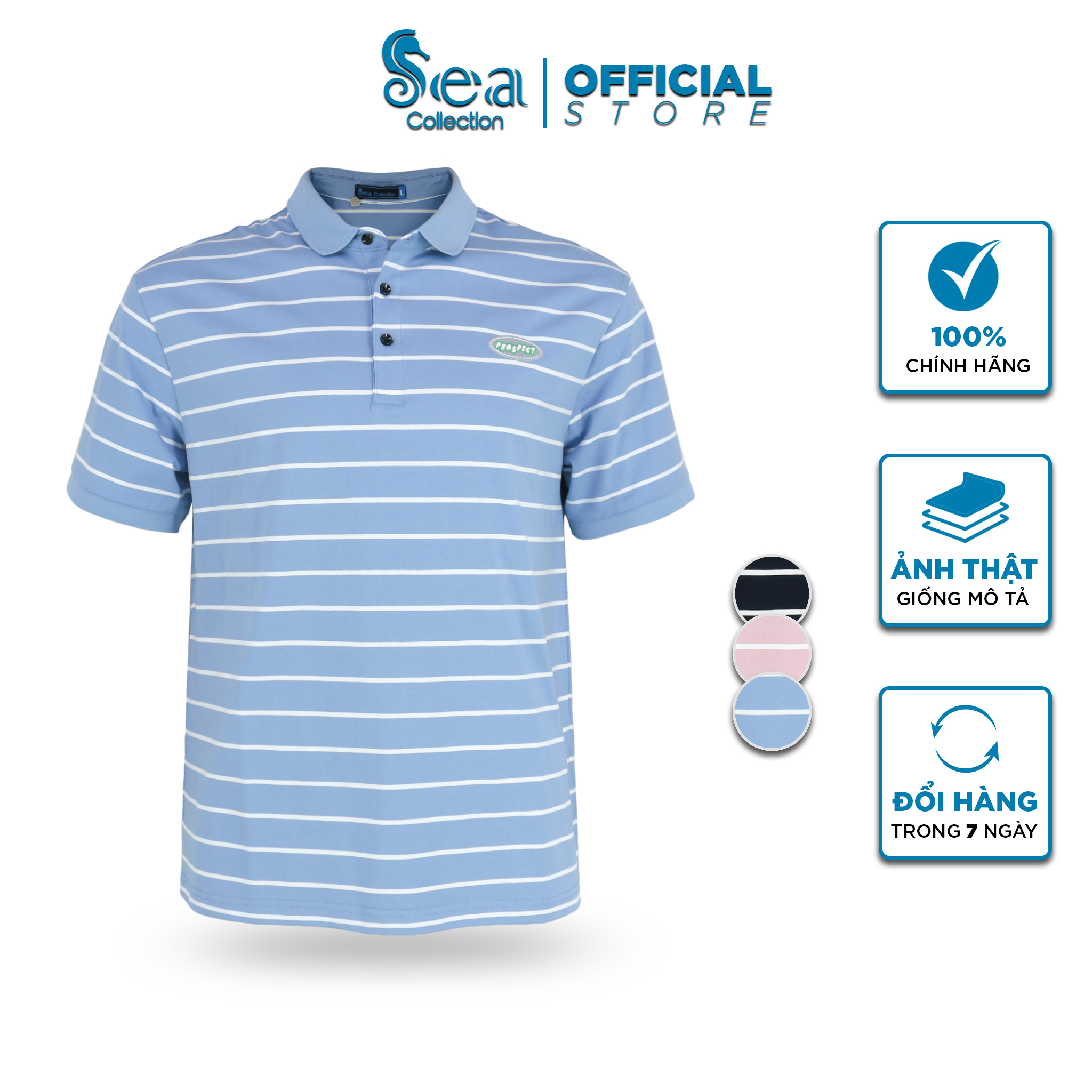 Áo thun polo nam Sea Collection sọc thêu Pros 9025