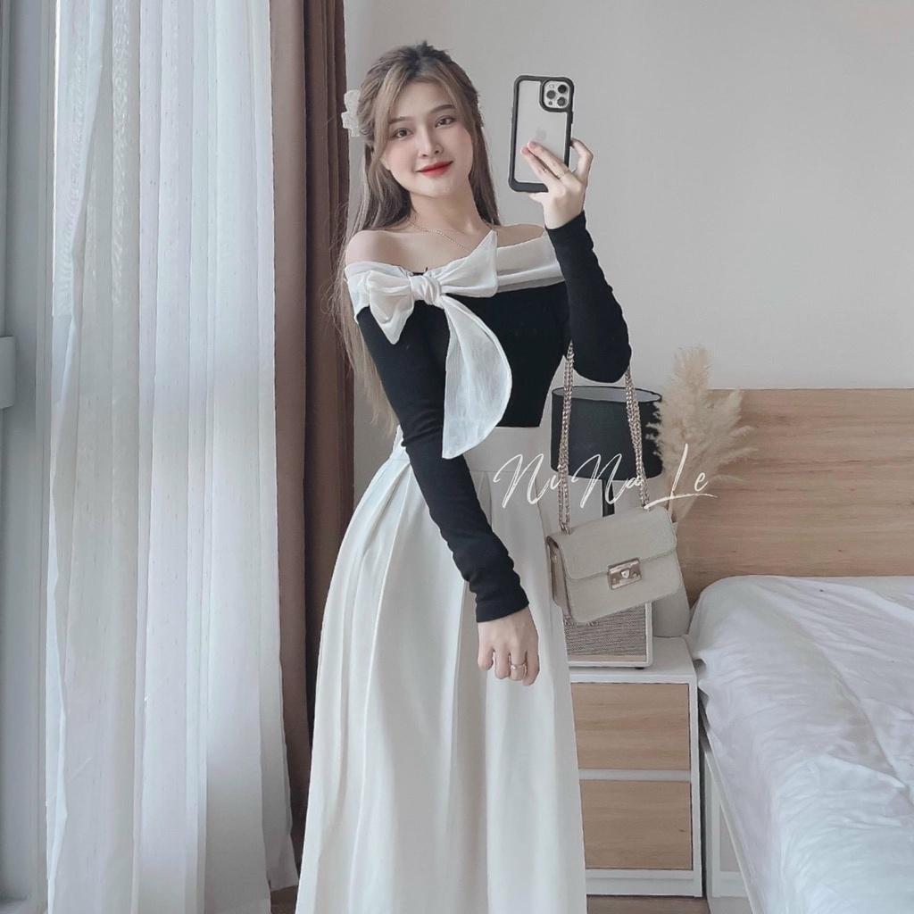 FREE SHIP váy áo tay dài phối nơ trên vai cực xinh kèm chân váy dáng xòe xếp ly tôn dáng sang chảnh KIM GIA DS