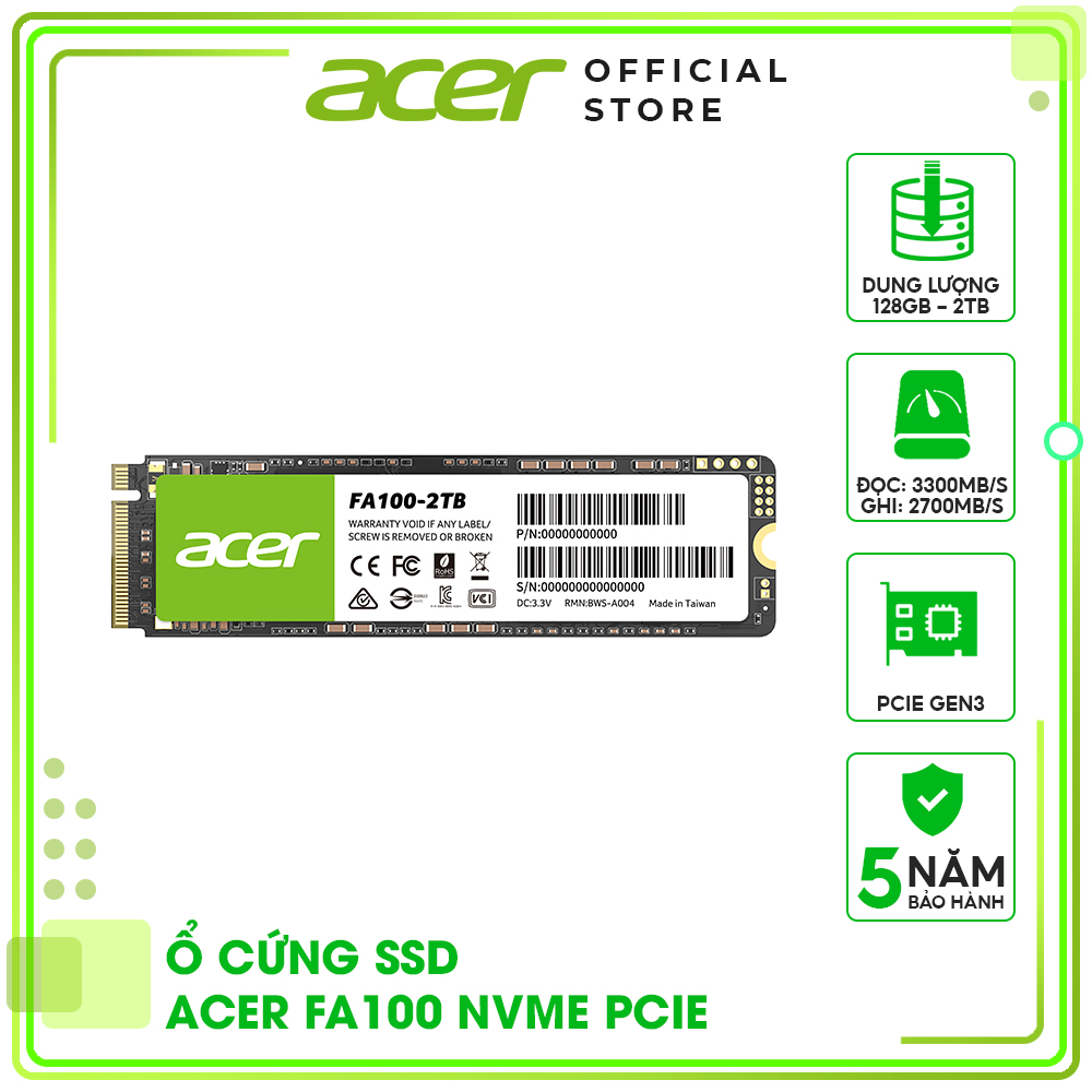 Ổ cứng SSD Acer FA100 M2 NVMe PCIe Gen3 128GB - 2TB - Hàng chính hãng