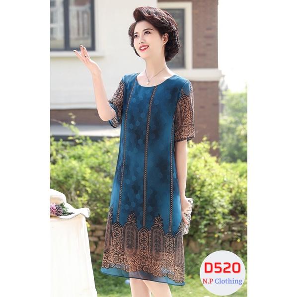 Đầm Trung Niên D520, Mẫu Váy Thổ Cẩm Cho Mẹ Cổ Tròn Ngắn Tay Form Suông Rộng Rãi Sang Trọng | Thời Trang Trung Niên U50