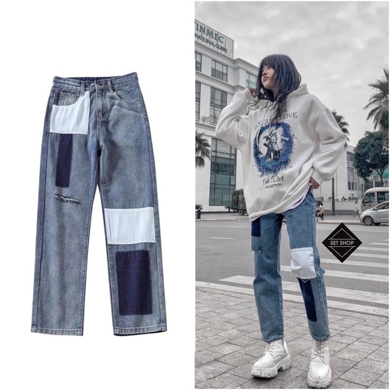 Quần baggy jean chắp vá