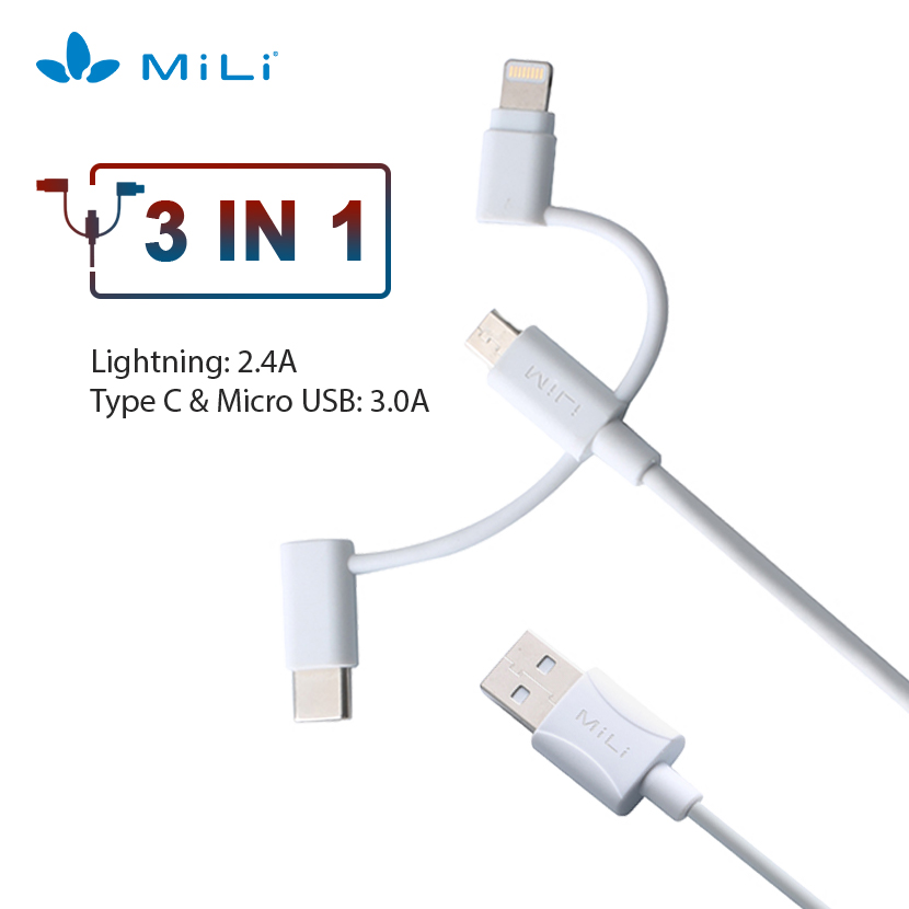 Dây Cáp Sạc 3 Trong 1 MicroUSB/USB Type-C/Li - MiLi 1m - HI-L31 - Hàng Chính Hãng