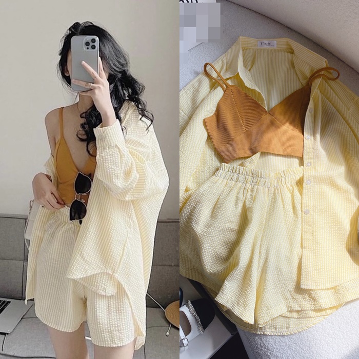 SET ÁO CROPTOP DÂY BRA BIKINI CARO + ÁO SƠ MI PASTEL FORM RỘNG + QUẦN NGẮN LƯNG CAO ỐNG RỘNG ĐI BIỂN DẠO PHỐ