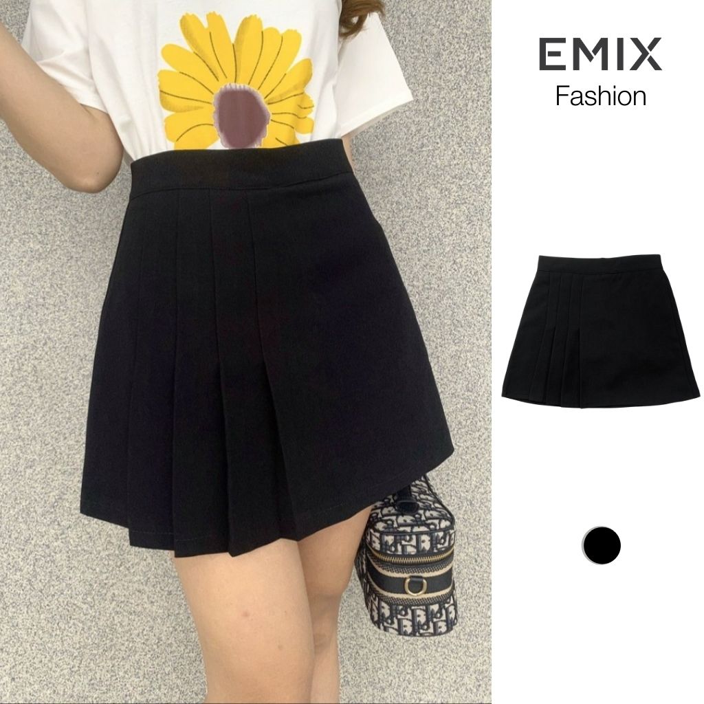 Chân váy chữ A 4 ly EMIX (màu đen), ulzzang, dáng ngắn, xếp ly, cạp cao, khóa sau, vải tuyết mưa, mềm mịn