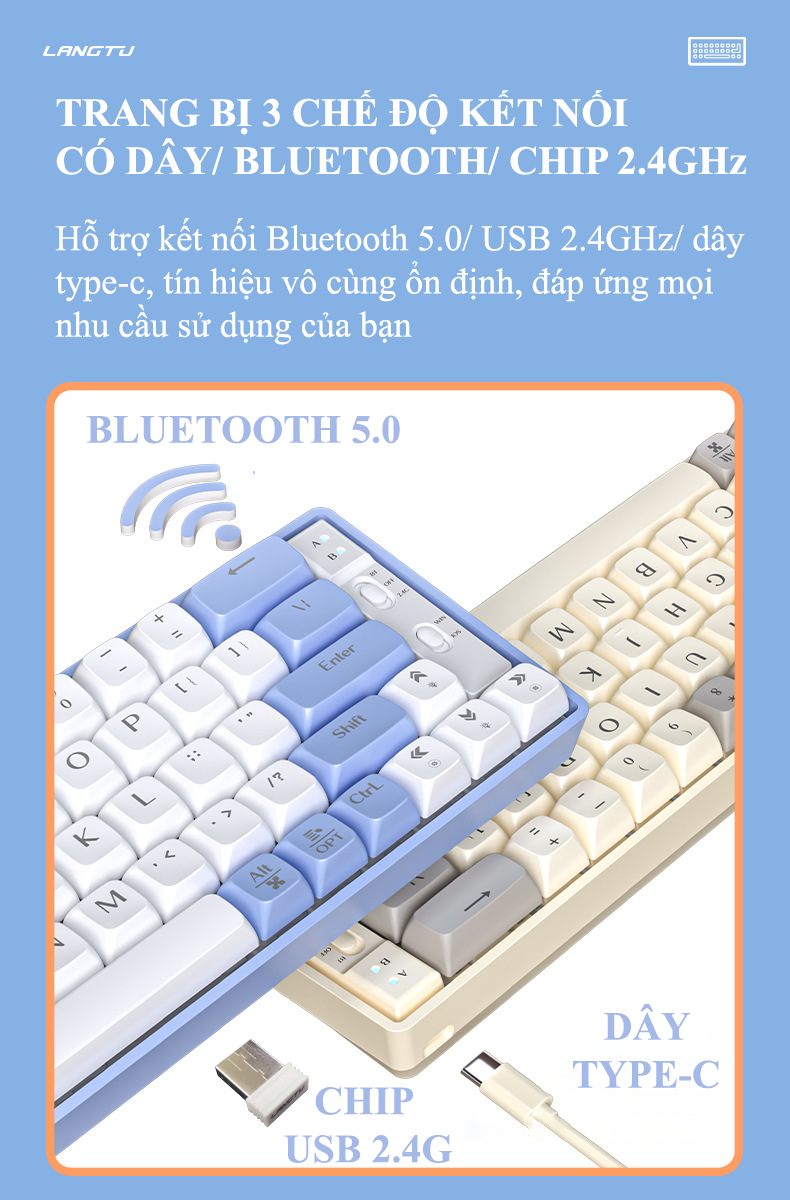 Bàn phím cơ Langtu GK65 Golden Switch với thiết kế mini 65 phím kết nối không dây qua Bluetooth và chip USB 2.4GHz có 19 chế độ LED cực đẹp - Hàng Chính Hãng