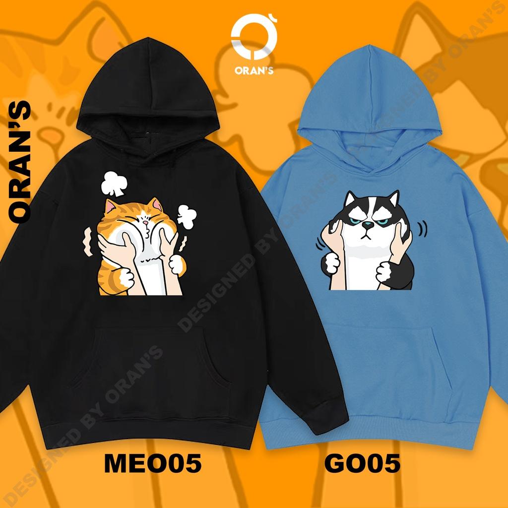 Áo Hoodie đôi in hình chó husky và mèo véo má chất nỉ cotton lót bông cao cấp form rộng unisex - ORAN'S HOODIE COUPLE 05