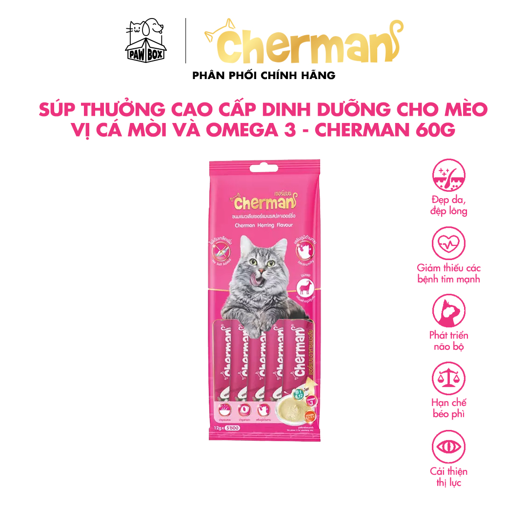 Súp thưởng cho mèo Cherman vị cá trích và Omega 3 12g x 5gói