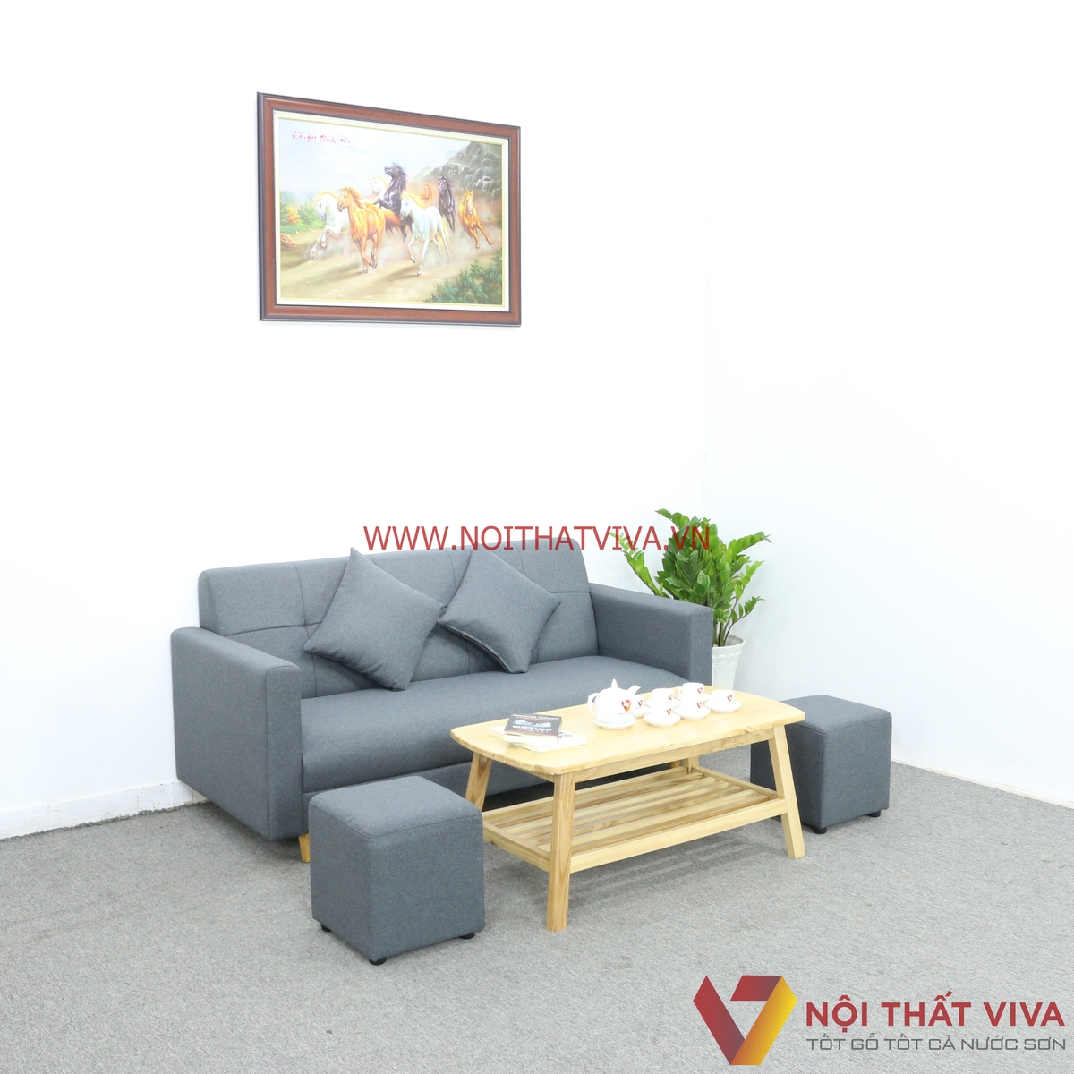 Bộ Bàn Ghế Sofa Nệm Bọc Nỉ Màu Xám 6 Món Gọn Đẹp Hiện Đại Giá Rẻ