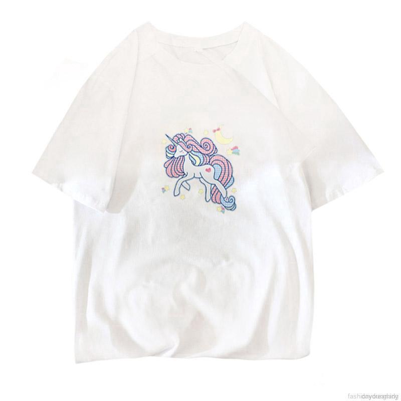 Women Round Collar Print Slim Short Sleeve T-Shirt Tops