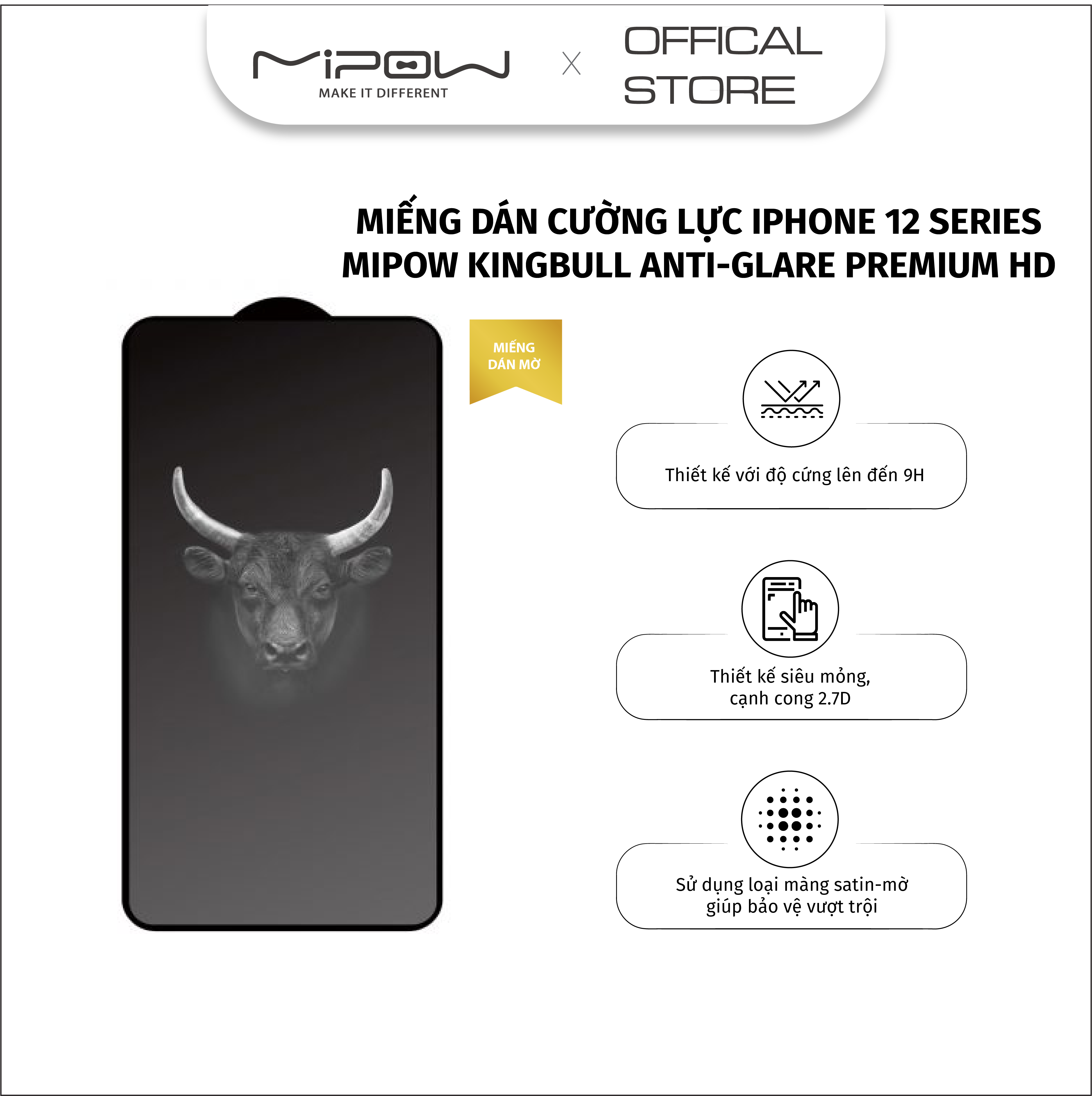 MIẾNG DÁN CƯỜNG LỰC MỜ MIPOW KINGBULL ANTI-GLARE PREMIUM HD (2.7D) DÀNH CHO SERIES 12 - hàng chính hãng