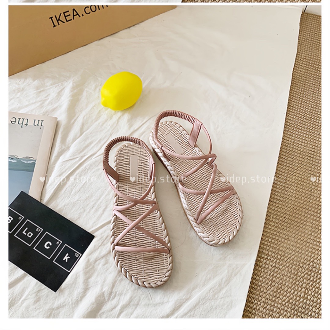 Sandal nữ đế giả cói É  quai chéo chiến binh đế nhẹ đi êm chân