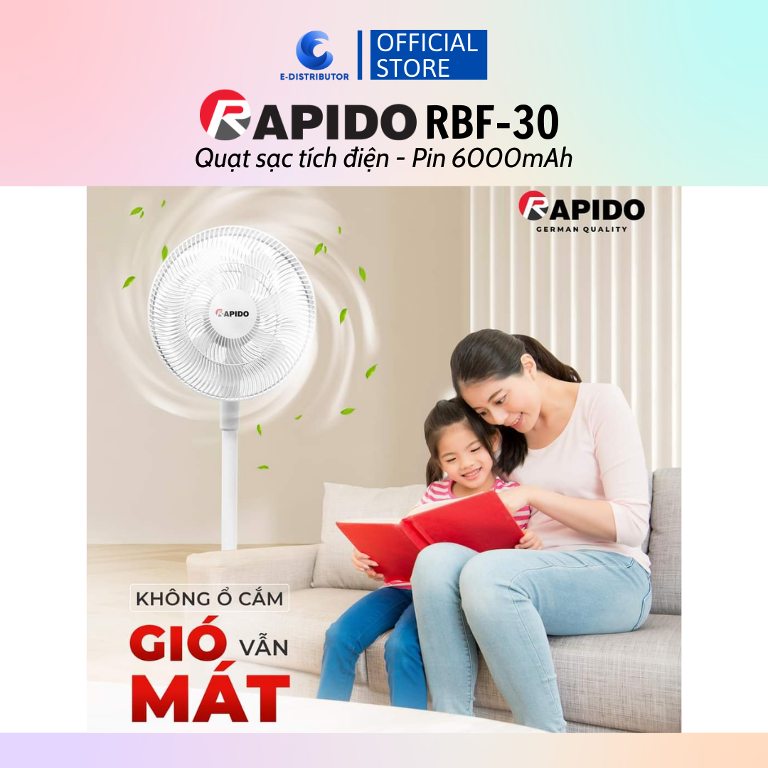 Quạt sạc điện có điều khiển Rapido RBF-30 (Pin 6000mAh) - Hàng chính hãng - Công suất: 30W  - Chế độ gió: Gió thường