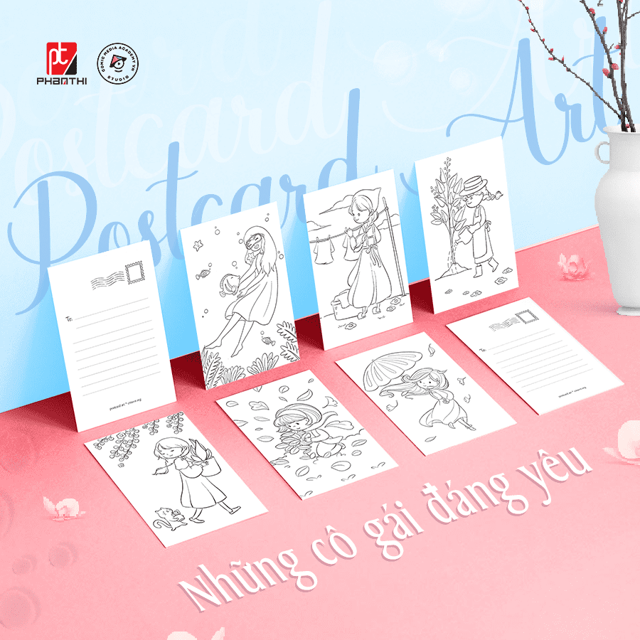 Postcard Art Tô Màu CMA Studio Giấy Mỹ Thuật 300Gsm Cao Cấp 10x15cm - Những Cô Gái Đáng Yêu Mẫu 2