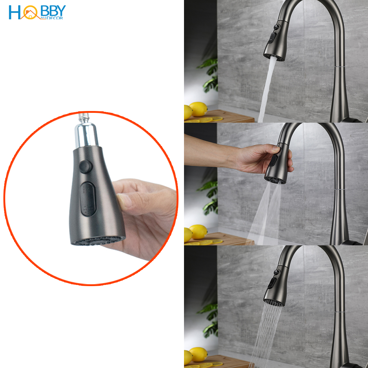 Vòi rửa chén nóng lạnh dây rút 3 chế độ Hobby home decor VDR7 Inox 304 sơn xám