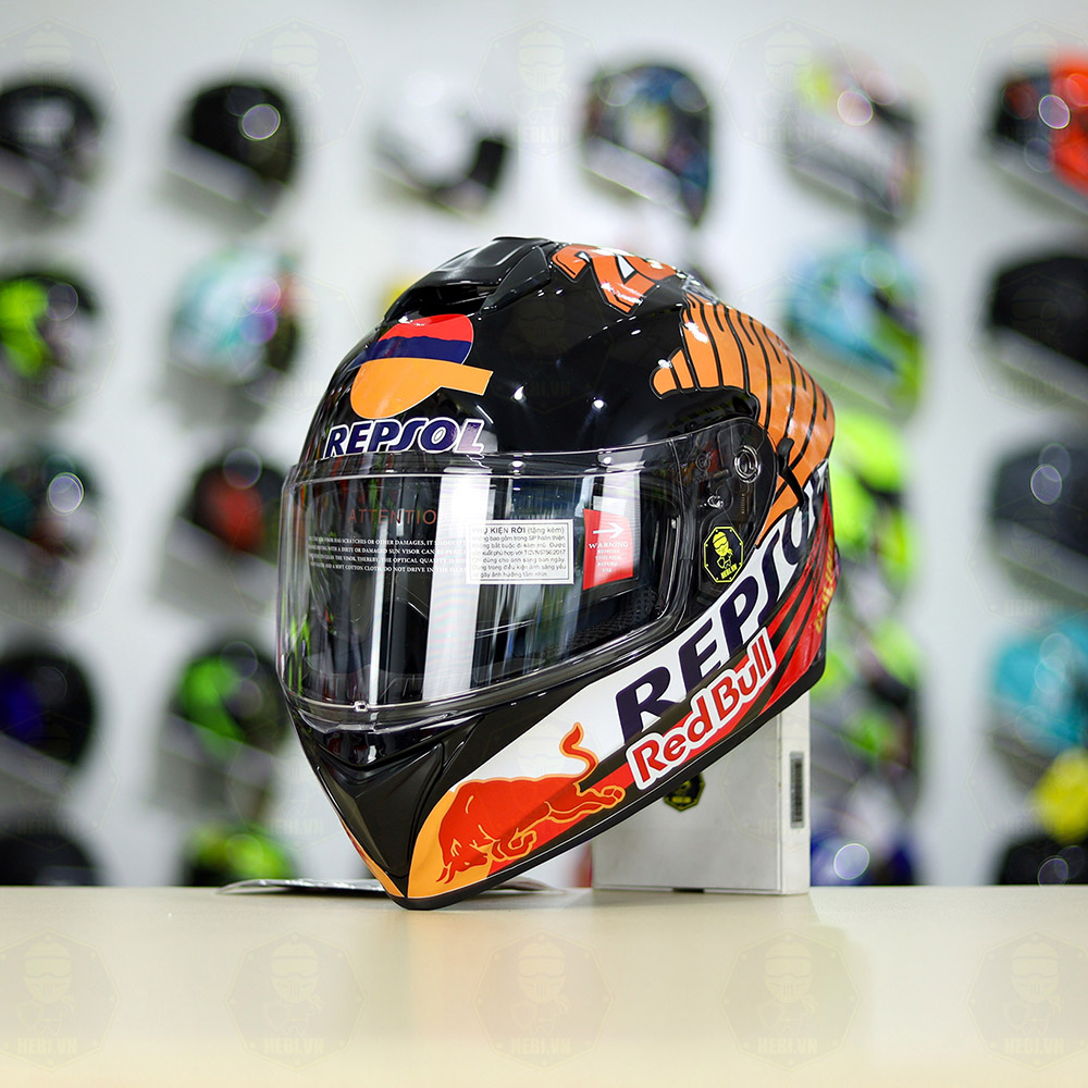 Mũ Bảo Hiểm Fullface Yohe 981 Đen Bóng Lên Tem Decal Honda Repsol